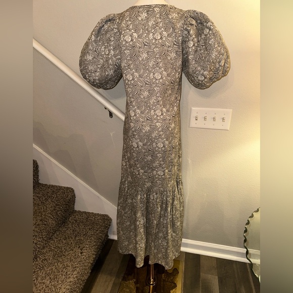 ANNA CATE Grey Floral Block Print Maxi Dress XS Puff Sleeve V-Neck Cotton Luxe - Picture 5 of 8